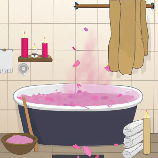 An image showcasing a cozy, candlelit bathroom adorned with rose petals and a bubble-filled bathtub