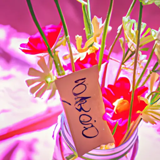 An image showcasing a beautifully handcrafted bouquet of paper flowers, delicately arranged in a vintage mason jar, with a handwritten love note peeking out from between the petals