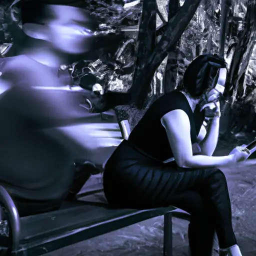 An image of a Filipina woman sitting alone on a park bench, looking at her phone with a conflicted expression, while in the background, a blurry silhouette of a man fades away