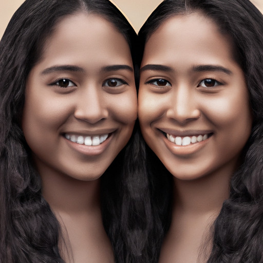 An image showcasing two individuals with strikingly similar facial features, identical smiles, and matching dimples