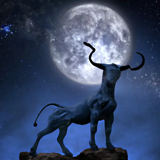 An image depicting a Taurus standing in a serene night sky, illuminated by a full moon