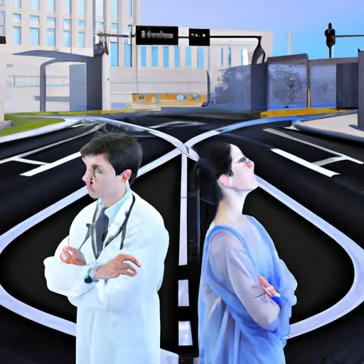 An image portraying a doctor and a patient standing at a crossroads, symbolizing the ethical and legal implications of their romantic relationship