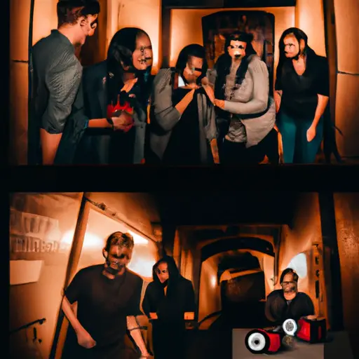 An image showcasing four friends laughing and bonding over a thrilling escape room challenge, immersed in a dimly lit room filled with cryptic symbols, locked boxes, and an air of mystery