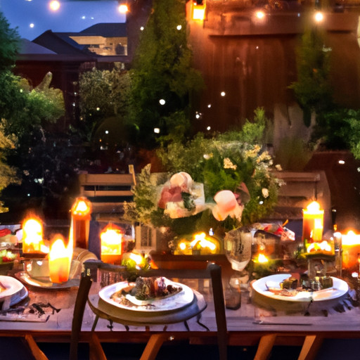 An image showcasing a beautifully set table for four, adorned with flickering candles, delicate flowers, and plates of scrumptious food