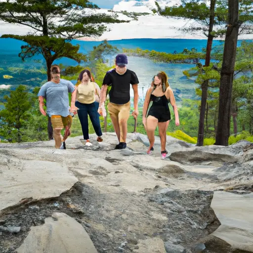 An image capturing the thrill of a double date adventure: Two couples hiking through a dense forest, conquering rugged terrains, with exhilarating expressions on their faces as they reach a breathtaking mountaintop