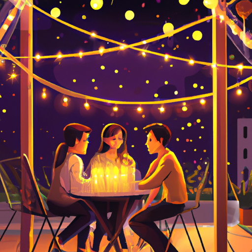 An image showcasing two couples cozily seated around a candlelit table at an enchanting outdoor cafe