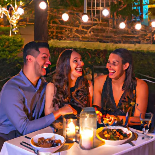 An image of two couples sitting at a candlelit table in a cozy outdoor patio, their faces lit up with laughter and excitement as they enjoy a delicious meal together, forming lasting memories during a delightful double date