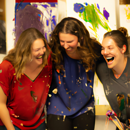 An image showcasing four friends laughing while painting colorful masterpieces together at a lively art studio