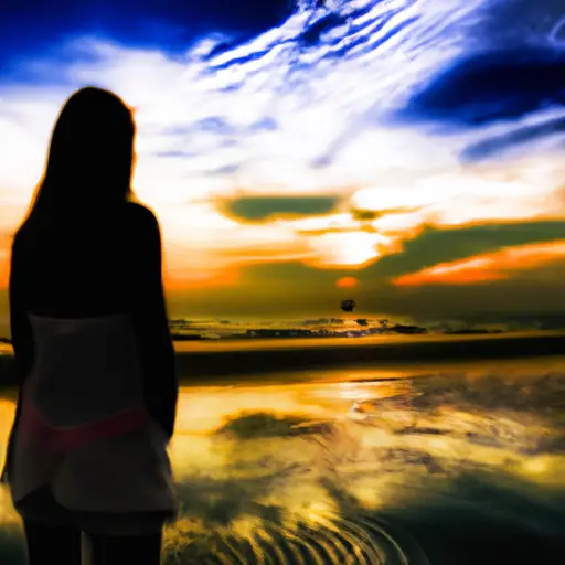 An image depicting a woman standing on a desolate beach at sunset, gazing longingly at a fading silhouette of her ex-boyfriend, evoking a sense of wistfulness, longing, and contemplation