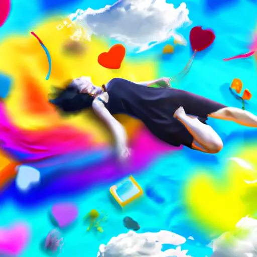 An image of a woman floating on a cloud, surrounded by vibrant colors and symbols representing communication and growth