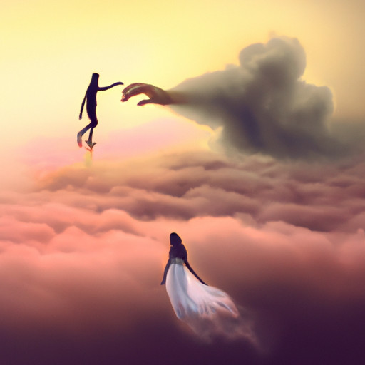 An image depicting a woman standing on a surreal cloud, reaching out to her ex-boyfriend's ghostly figure fading into a vibrant sunset, symbolizing the complex emotions and longing associated with dreams about past love