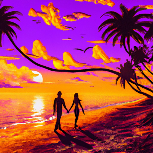 An image of a couple walking hand in hand along a pristine sandy beach at sunset