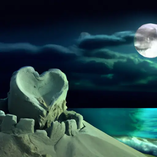 An image that depicts a serene moonlit beach, where a heart-shaped sandcastle is crumbling, symbolizing the emotional impact of dreaming about a breakup