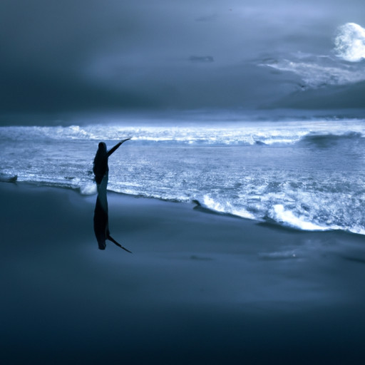 An image of a serene moonlit beach with a solitary figure standing at the water's edge, their face reflecting relief and forgiveness as another person emerges from the waves, extending a hand in apology