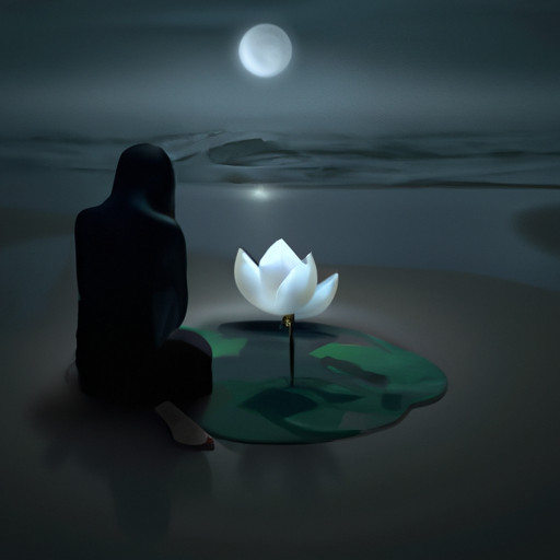 An image depicting a serene moonlit beach, where a figure with a remorseful expression kneels before you, extending a delicate white lotus flower, hinting at the complex emotions and unspoken narratives behind dreams of apologies