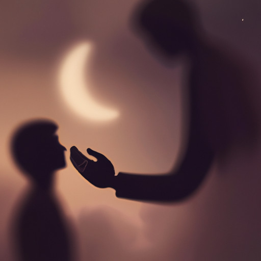 An image that captures the complex emotions of a dream where someone apologizes: a silhouetted figure, bathed in soft moonlight, extending a hand towards a tearful individual, their faces reflecting relief, forgiveness, and a glimmer of hope