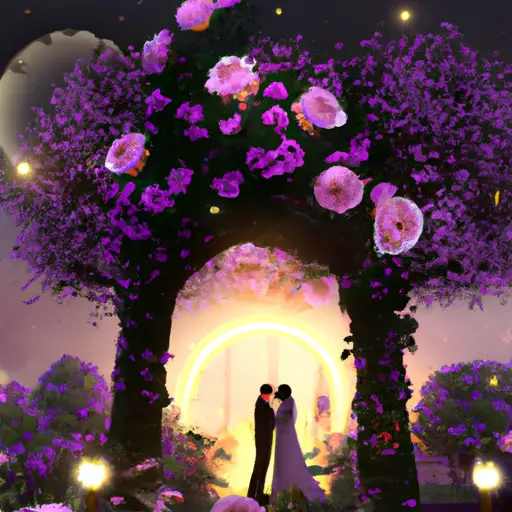 An image capturing the ethereal beauty of a moonlit garden, adorned with blooming roses and twinkling fairy lights, as a couple exchanges vows under a magnificent floral arch, symbolizing the profound significance of dreaming about someone getting married