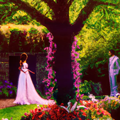 An image of a serene garden adorned with vibrant flowers, where a bride and groom stand under a majestic tree