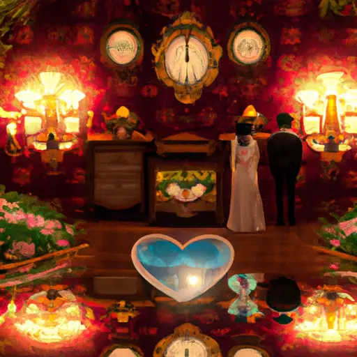 An image of a dimly lit room adorned with vibrant flowers, where a bride and groom stand at the altar