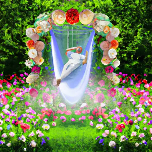 An image of a person peacefully sleeping, surrounded by a vibrant garden filled with blooming flowers and a beautifully decorated wedding arch, symbolizing the analysis and understanding of dreams about someone getting married