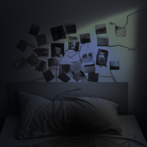 An image of a dimly lit bedroom with a single bed, where a person lies awake, their face hidden in shadows