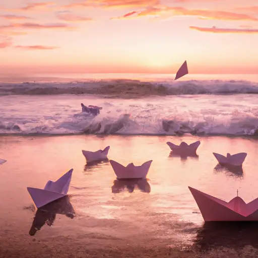 An image of a serene beach at sunset, with a solitary figure writing heartfelt messages on small pieces of paper, folding them into origami boats, and releasing them into the gentle ocean waves