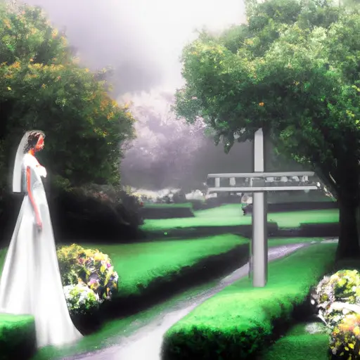 An image depicting a serene bride in a white gown, standing at a crossroads where a path leading to a lush garden diverges from a misty graveyard, symbolizing the contrasting emotions and hidden meanings behind wedding dreams