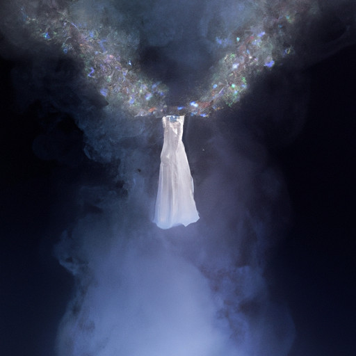 An image of a delicate white wedding gown suspended in mid-air, surrounded by ethereal wisps of mist