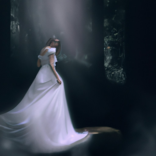 An image showcasing a bride in a flowing white gown, surrounded by ethereal mist, standing at the entrance of a dark, mysterious forest, symbolizing the enigmatic connection between wedding dreams and the concept of death