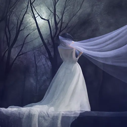 An image showcasing a serene bride standing alone in a moonlit forest, her veil gently flowing in the wind, symbolizing the haunting connection between wedding dreams and impending mortality