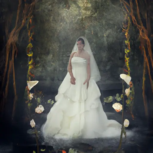 An image featuring a hauntingly beautiful bride, adorned in a flowing white gown, standing alone in an ethereal forest, surrounded by wilting flowers and decaying wedding decorations