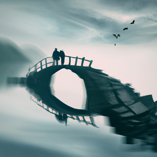 An image of two people standing on opposite sides of a broken bridge, surrounded by misty waters and fading memories