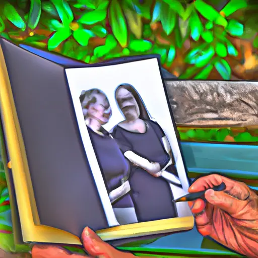 An image capturing two old friends sitting side by side on a park bench, their faces filled with nostalgic smiles, as they share a photo album and point at cherished memories from their past adventures together