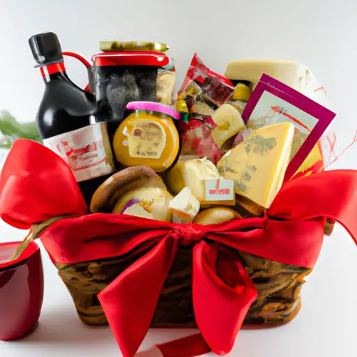 An image of a beautifully arranged Gourmet Food Basket, bursting with artisanal cheeses, decadent chocolates, and aromatic coffees, adorned with a festive bow, ready to delight parents this Christmas