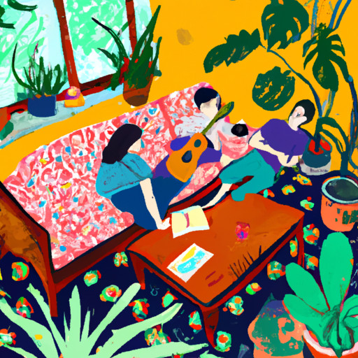 An image that portrays a cozy living room adorned with vibrant, blooming plants, where a person joyfully plays a ukulele surrounded by friends, laughter filling the air