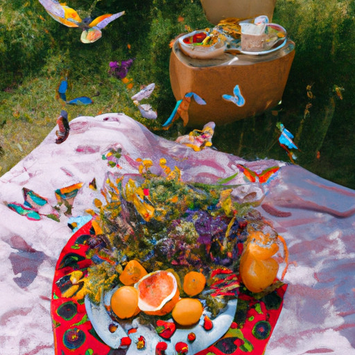 An image featuring a vibrant bouquet of wildflowers, basking in the warm sunlight, surrounded by cheerful butterflies