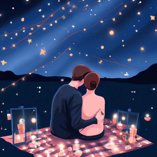An image that showcases a couple embracing under a starlit sky, surrounded by flickering candles, while enjoying a romantic picnic on a secluded beach, commemorating their first year of love