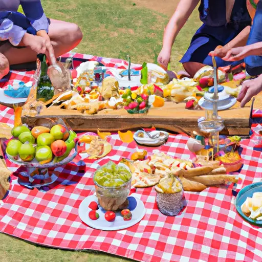 An image featuring a vibrant outdoor picnic setting, adorned with a colorful checkered blanket, overflowing gourmet cheese platters, a variety of succulent fruits, and couples joyfully engaged in a friendly food tasting competition