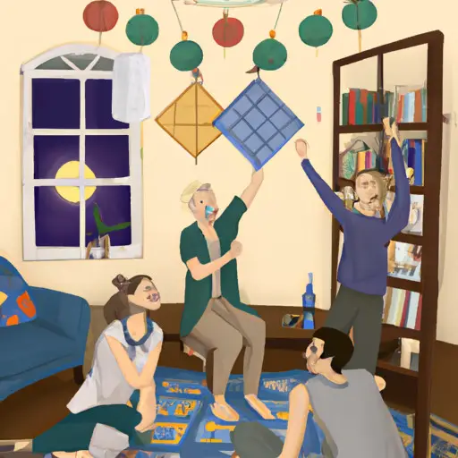 An image showcasing a cozy living room adorned with colorful homemade paper lanterns hanging from the ceiling, while a group of friends gathered around a DIY board game, laughing and enjoying each other's company
