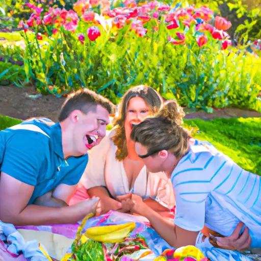 An image that captures the joy of a double date: two couples laughing together while enjoying a picnic in a sun-drenched park, surrounded by colorful blankets, delectable treats, and a vibrant bouquet of flowers