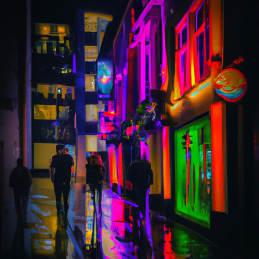 An image showcasing a bustling street at night, filled with neon-lit bars, vibrant live music venues, and people joyfully dancing, capturing the electrifying energy of the local nightlife on a Friday evening