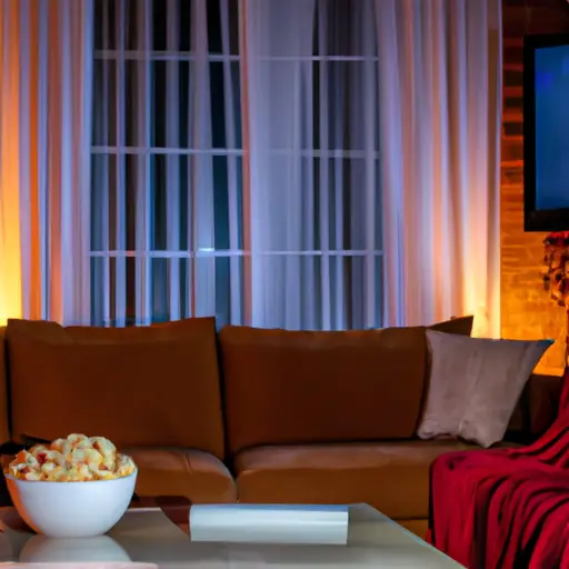 An image of a dimly lit living room with a big, plush couch adorned with cozy blankets and pillows
