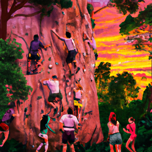 An image that captures the thrill of a Friday night by depicting a group of friends conquering a challenging rock climbing wall against a backdrop of a vibrant sunset, surrounded by lush greenery