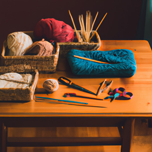 An image showcasing a cozy living room atmosphere, with a dimly lit space filled with materials for DIY projects such as colorful fabrics, knitting needles, paintbrushes, and a variety of crafts supplies scattered across a rustic wooden table