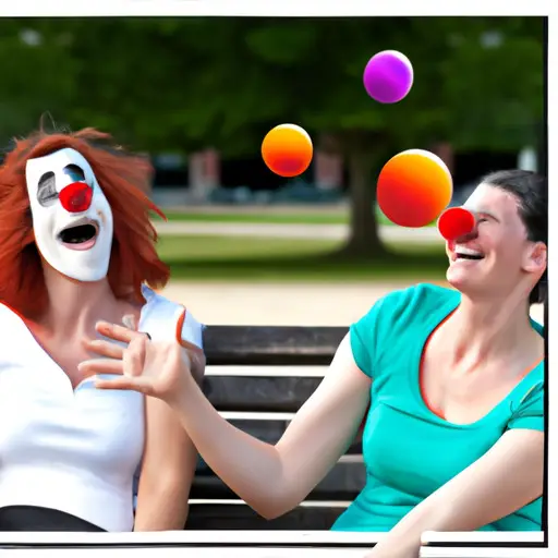 An image featuring two friends sitting on a park bench, one in tears and the other wearing a clown nose, juggling colorful balls