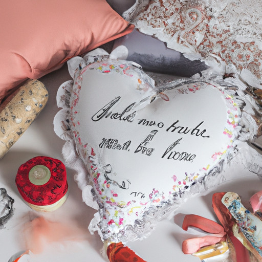 An image showcasing a hand-sewn heart-shaped pillow, adorned with delicate lace and embroidered initials, nestled among a collection of sentimental trinkets, capturing the essence of personalized gifts for the sentimental girlfriend
