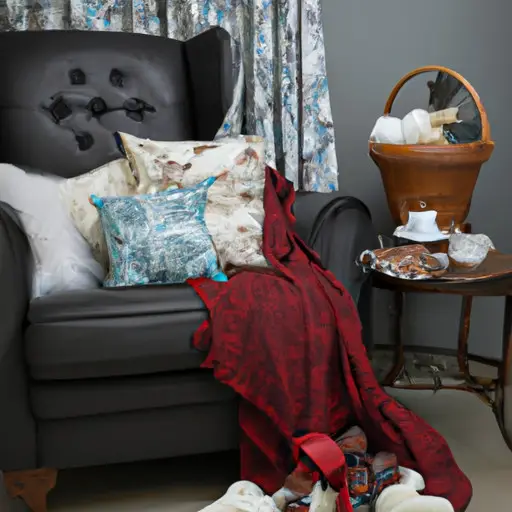 An image showcasing a handmade quilt draped over a plush armchair, with a soft throw blanket folded neatly on the armrest