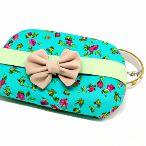 An image showcasing a chic, hand-sewn clutch adorned with vibrant floral patterns, complemented by a matching fabric headband featuring elegant bow detailing, perfect for the fashion-forward girlfriend