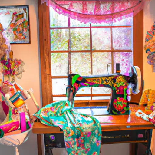 An image showcasing a charming sewing scene: a cozy, sunlit room adorned with colorful spools of thread, floral fabric, and a vintage sewing machine