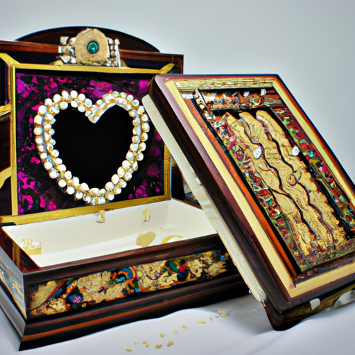  the essence of creativity with an image of a beautifully crafted wooden jewelry box adorned with intricate carvings and delicate inlays, filled with vibrant gemstones and personalized trinkets, waiting to surprise a birthday celebrant